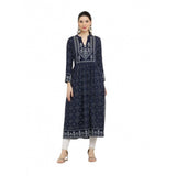 Blue rayon casual kurti with printed design, full sleeves and round neck on mannequin