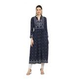 Blue rayon printed full-sleeve kurti for women's casual wear