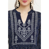 Blue rayon printed full-sleeve kurti for casual wear, women's attire on clothing rack