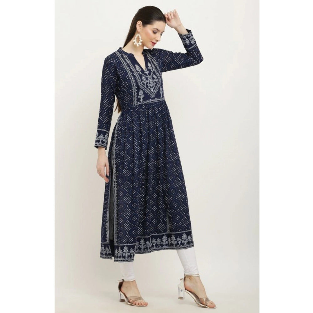 Blue rayon printed full-sleeve kurti for women on hanger