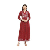 Maroon rayon printed full-sleeve kurti for women - casual wear with round neck