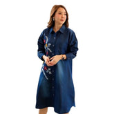 Blue denim casual dress with full sleeves, embroidery details for women's fashion