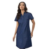 Blue denim casual half-sleeve dress for women, solid pattern on display