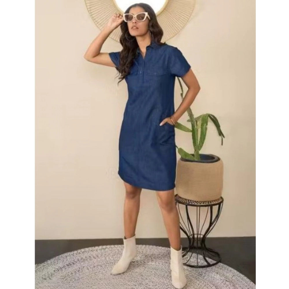 Blue denim casual dress with half sleeves and shirt collar, perfect for everyday wear