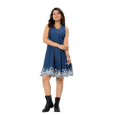 Blue denim sleeveless dress with embroidery details, casual wear for women