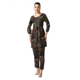 Black crepe women's casual 3/4 sleeves cord set with printed pattern
