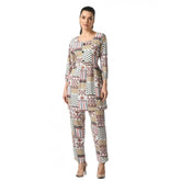 White crepe women's casual 3/4 sleeve cord set with printed pattern, round neck design