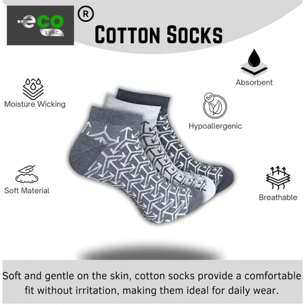 Multicolor unisex casual cotton low cut socks with printed patterns, light grey, black, anthra set of three