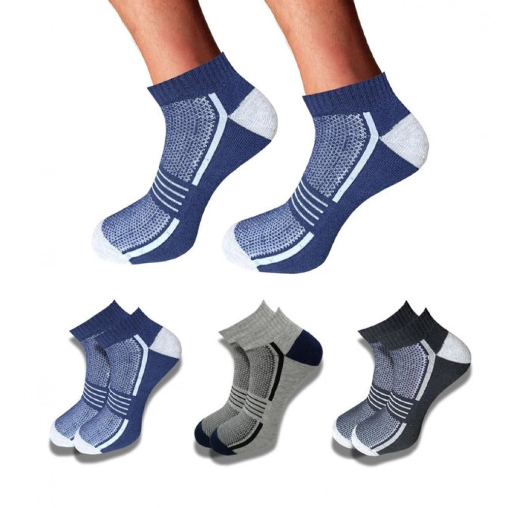 Multi-colored unisex casual cotton printed low cut socks, navy blue, light grey, black set of three