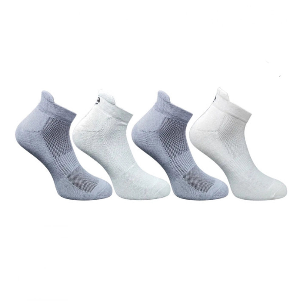 Multicolor unisex casual cotton ankle socks, set of four with varied shades of dark grey, light grey, off white