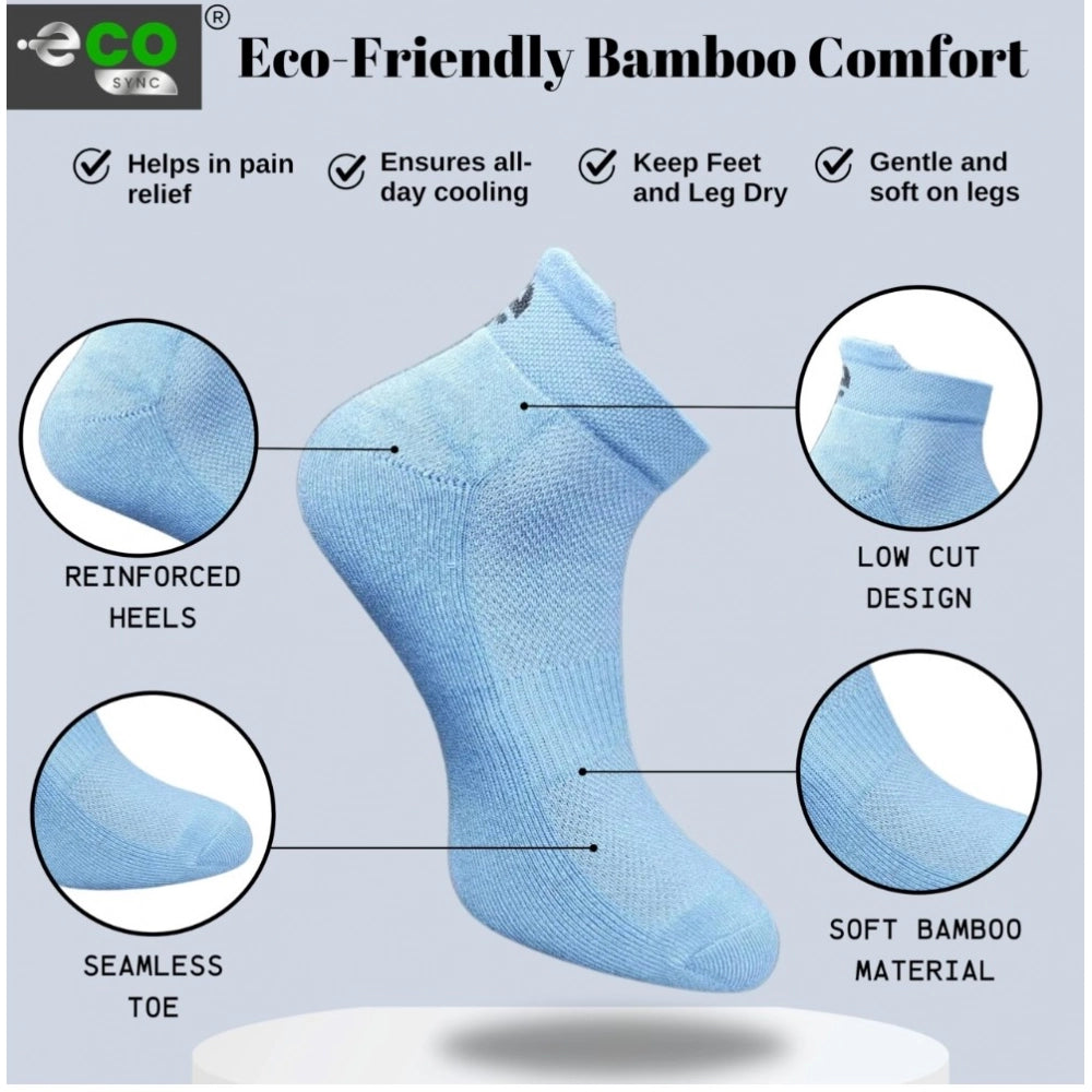 Multi-colored unisex cotton ankle socks, patterned with vibrant hues of sky blue, navy blue, and off white