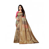 Gold soft lichi silk printed saree with unstitched blouse, 5.5mtr length on mannequin