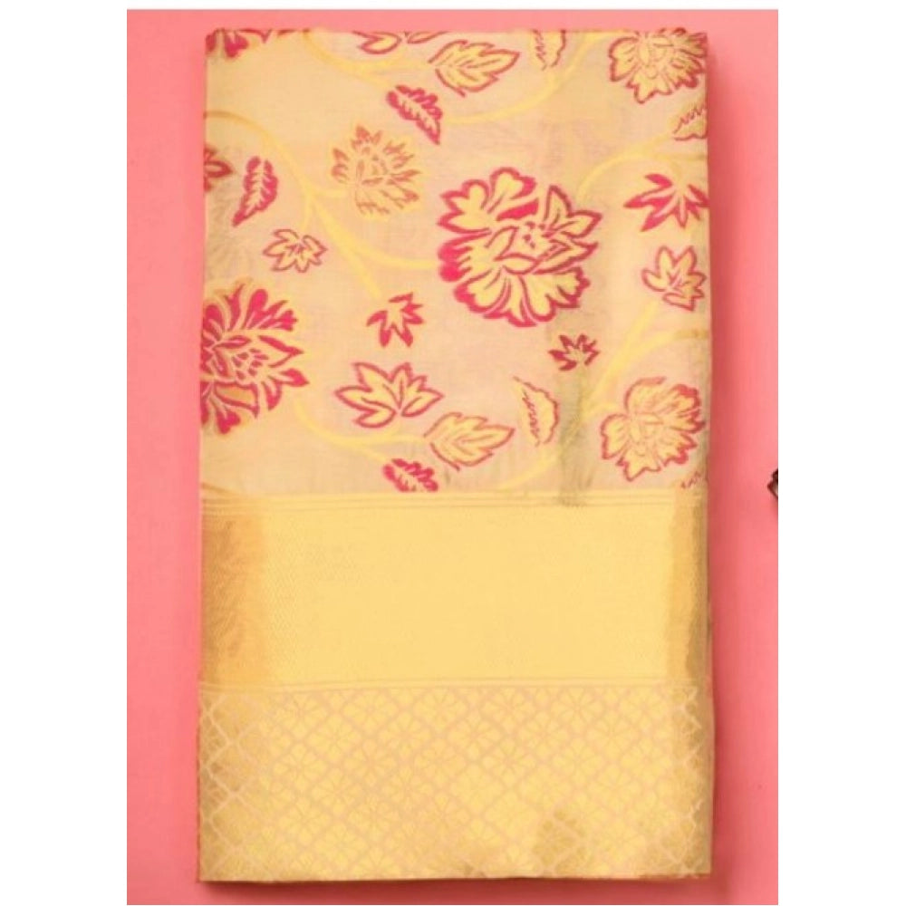 Gold soft lichi silk printed saree with unstitched blouse, 5.5mtr