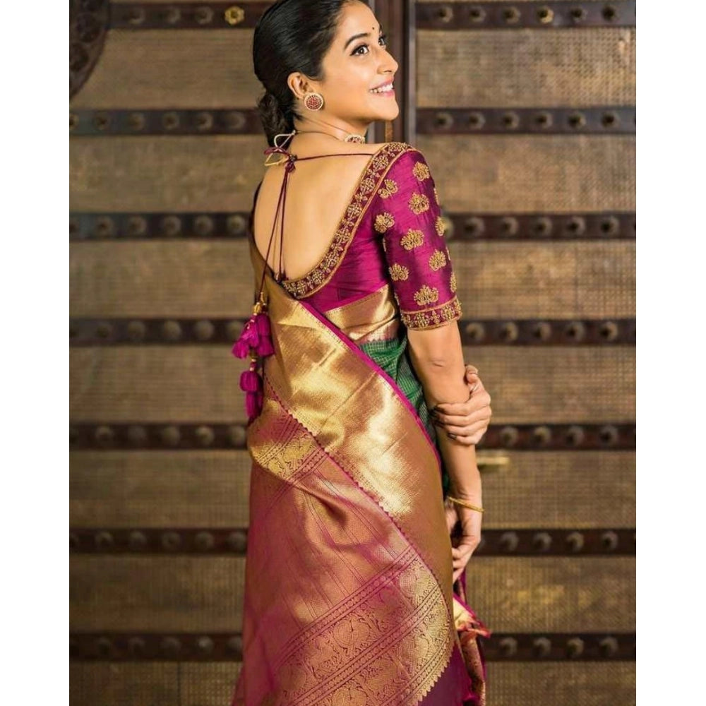 Green soft lichi silk printed saree with unstitched blouse, 5.5mtr