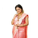 Soft pink lichi silk saree with unstitched blouse, vibrant printed pattern for women's traditional Indian wear (5.5Mtr)