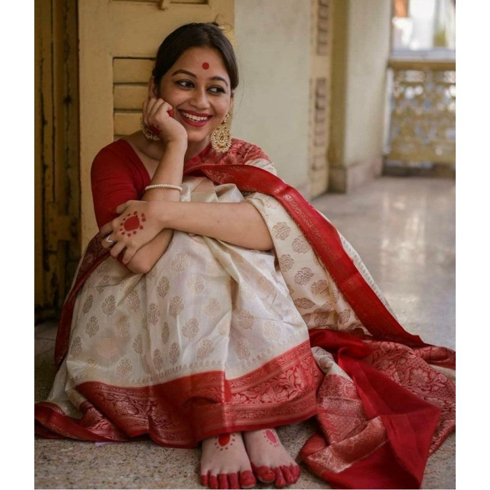 White soft lichi silk printed saree with unstitched blouse, luxurious Indian wear for women
