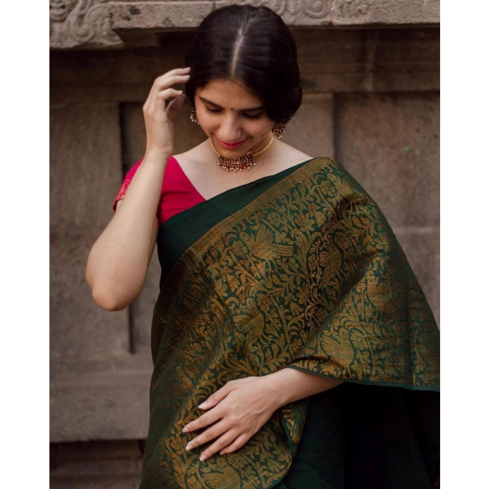 Green soft lichi silk printed saree with unstitched blouse (5.5mtr)