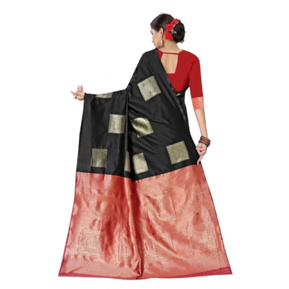 Black soft lichi silk printed saree with unstitched blouse, 5.5mtr length
