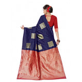 Blue soft lichi silk printed saree with unstitched blouse, elegant Indian attire on mannequin