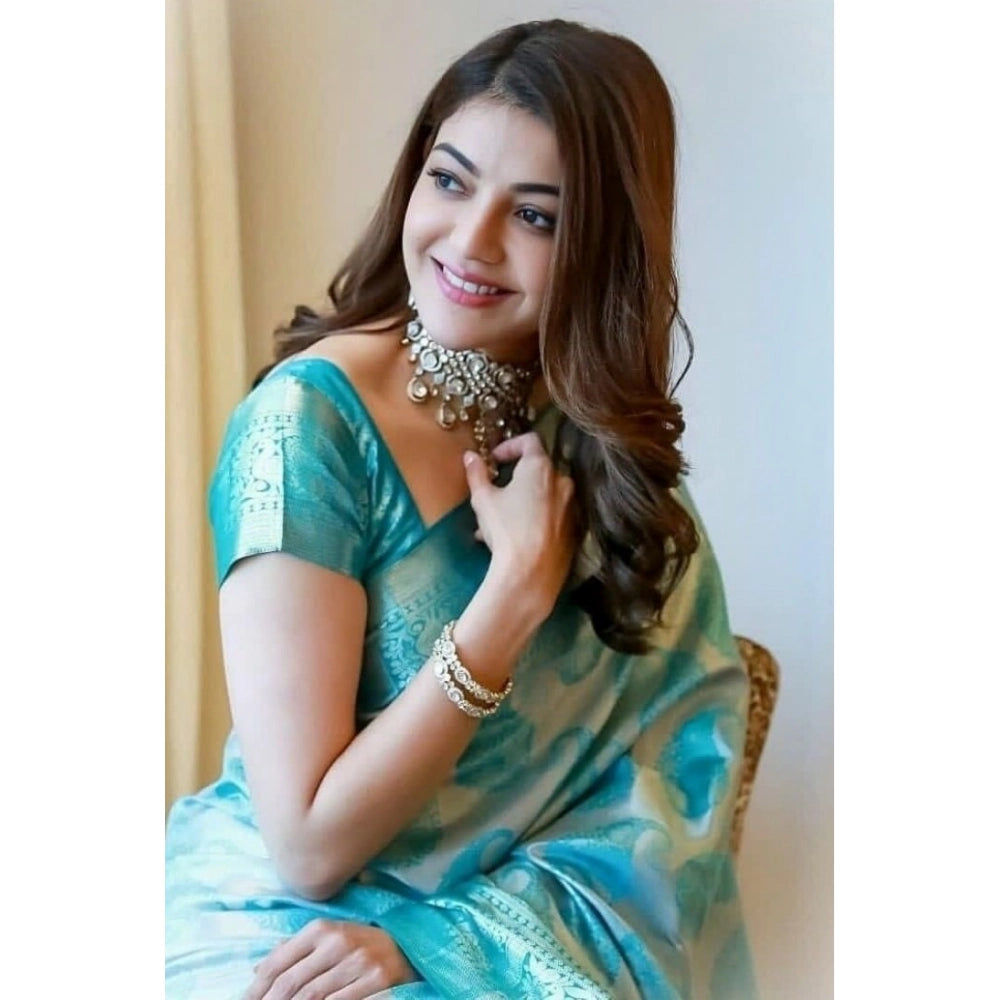 Soft sky blue lichi silk printed saree with unstitched blouse, ideal for traditional wear