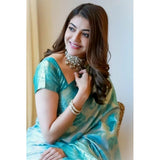 Soft sky blue lichi silk printed saree with unstitched blouse, ideal for traditional wear