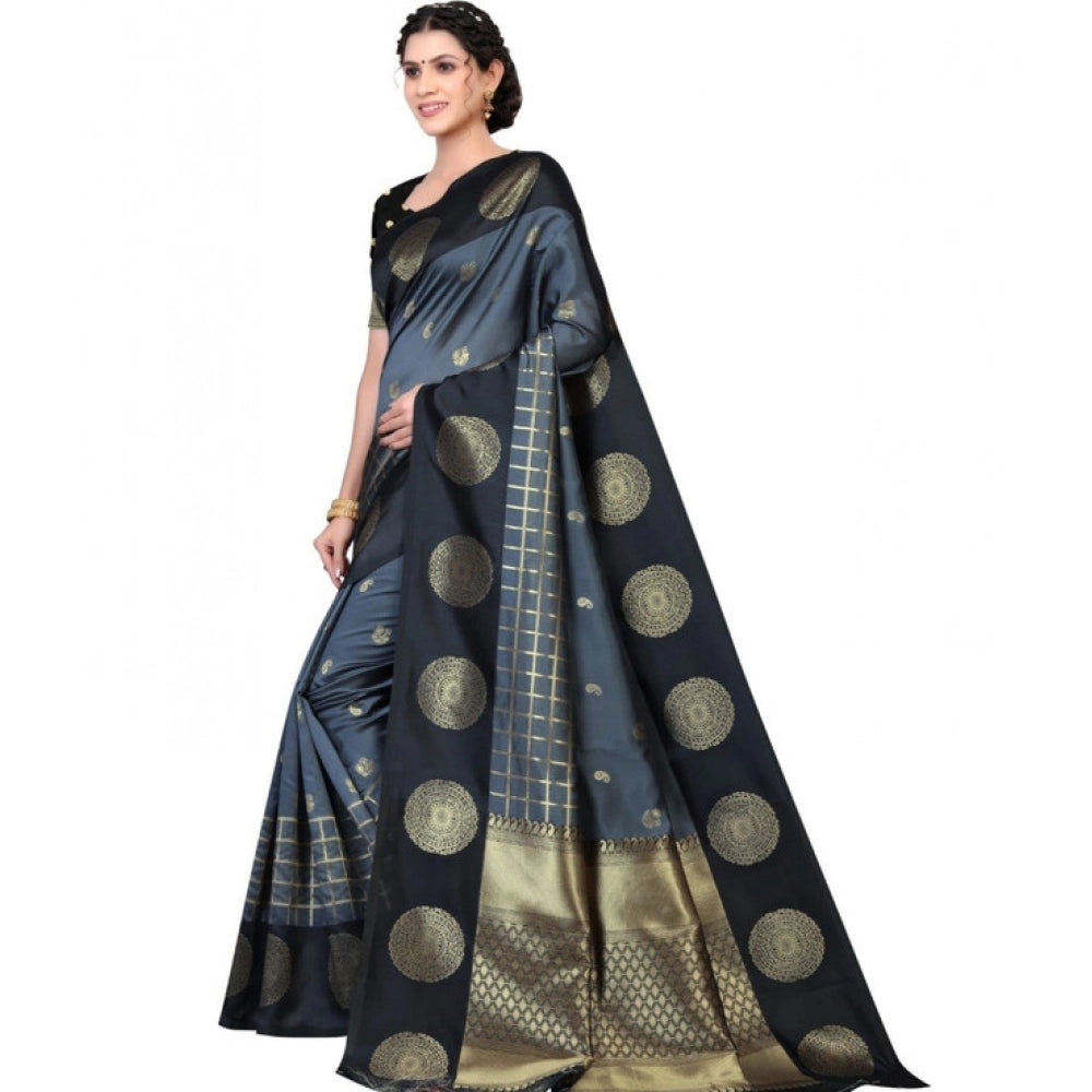 Black soft lichi silk printed saree with unstitched blouse (5.5mtr)
