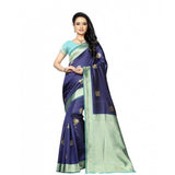 Navy blue soft lichi silk printed saree with unstitched blouse, vibrant floral pattern