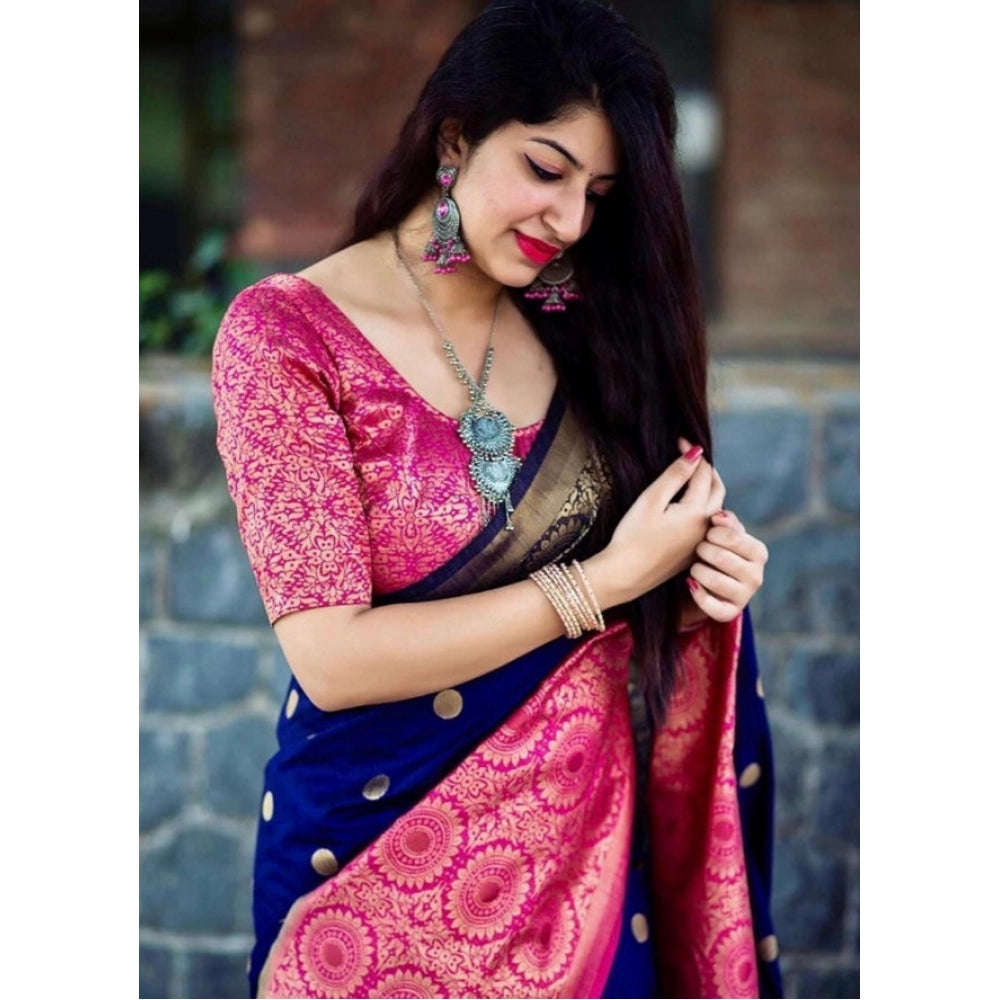 Blue soft lichi silk printed saree with unstitched blouse, 5.5mtr length on model