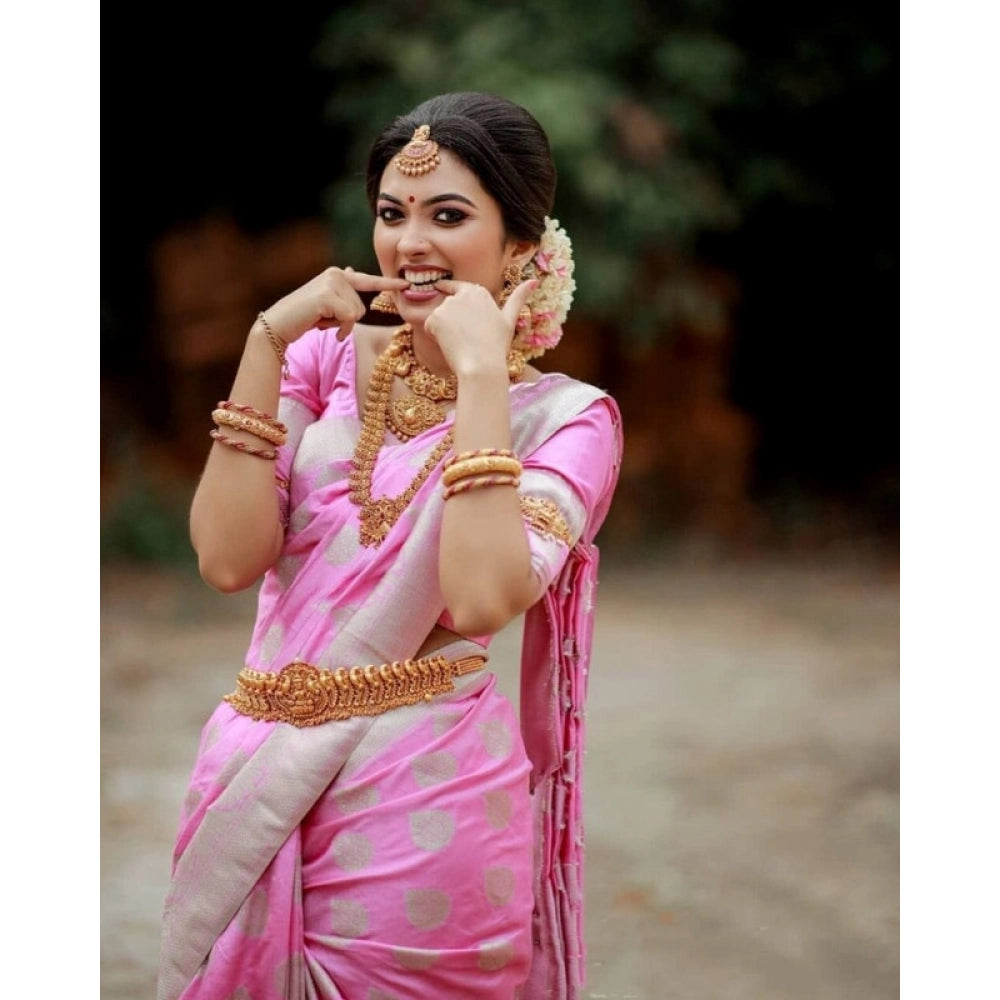 Pink soft lichi silk printed saree with unstitched blouse, vibrant floral design on a luxurious 5.5mtr length