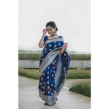 Blue soft lichi silk printed saree with unstitched blouse, vibrant Indian women's fashion accessory