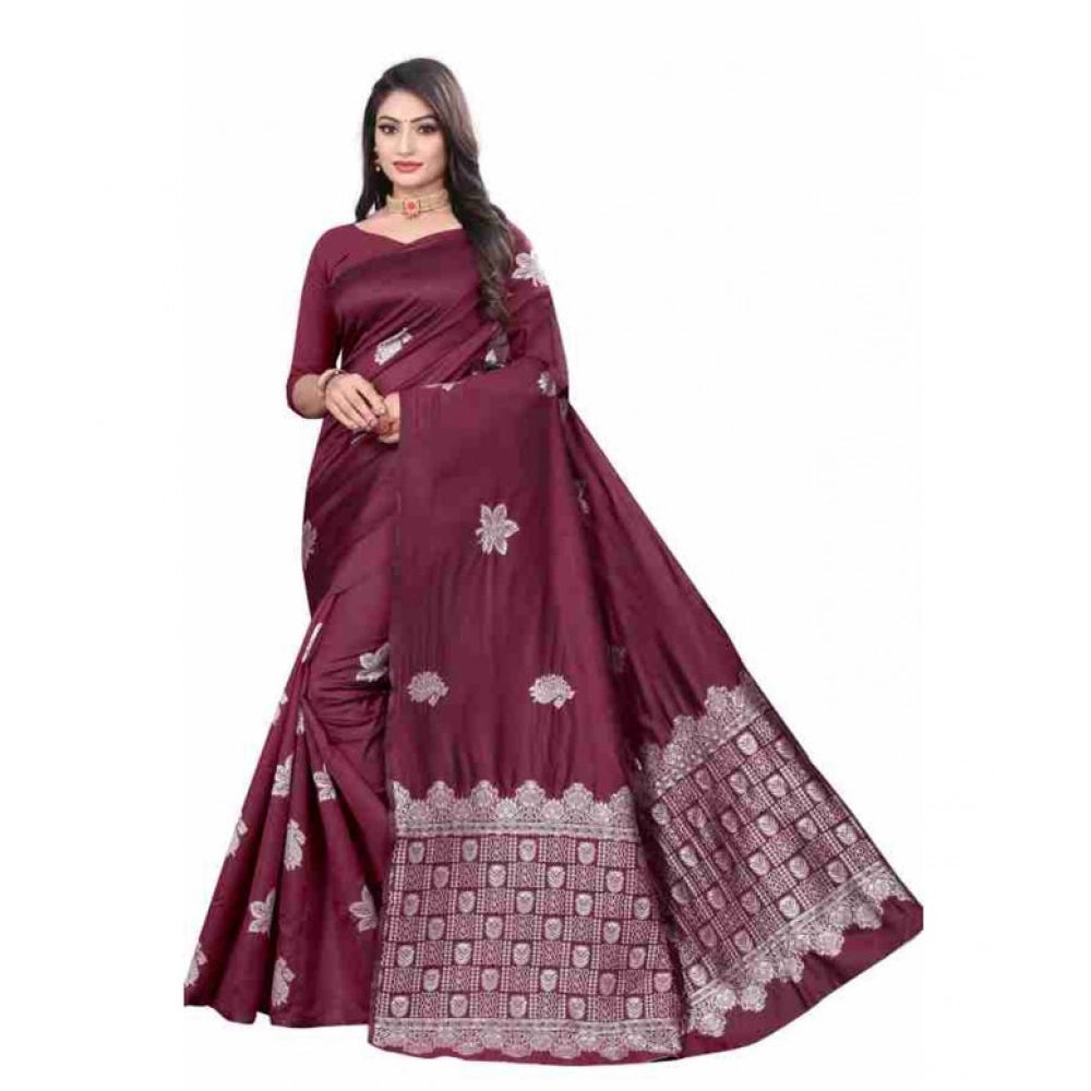 Wine soft lichi silk printed saree with unstitched blouse (5.5mtr), elegant women's traditional wear on display