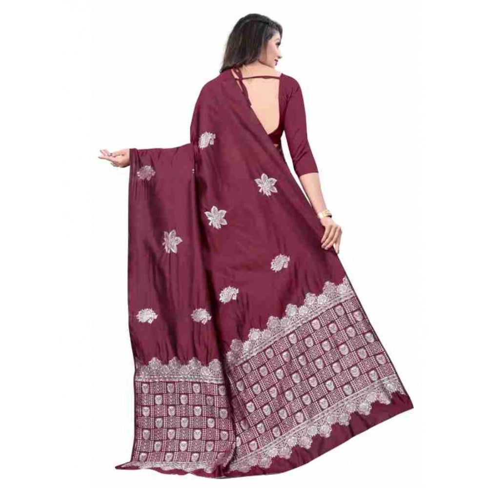 Soft wine lichi silk printed saree with unstitched blouse, 5.5mtr on mannequin
