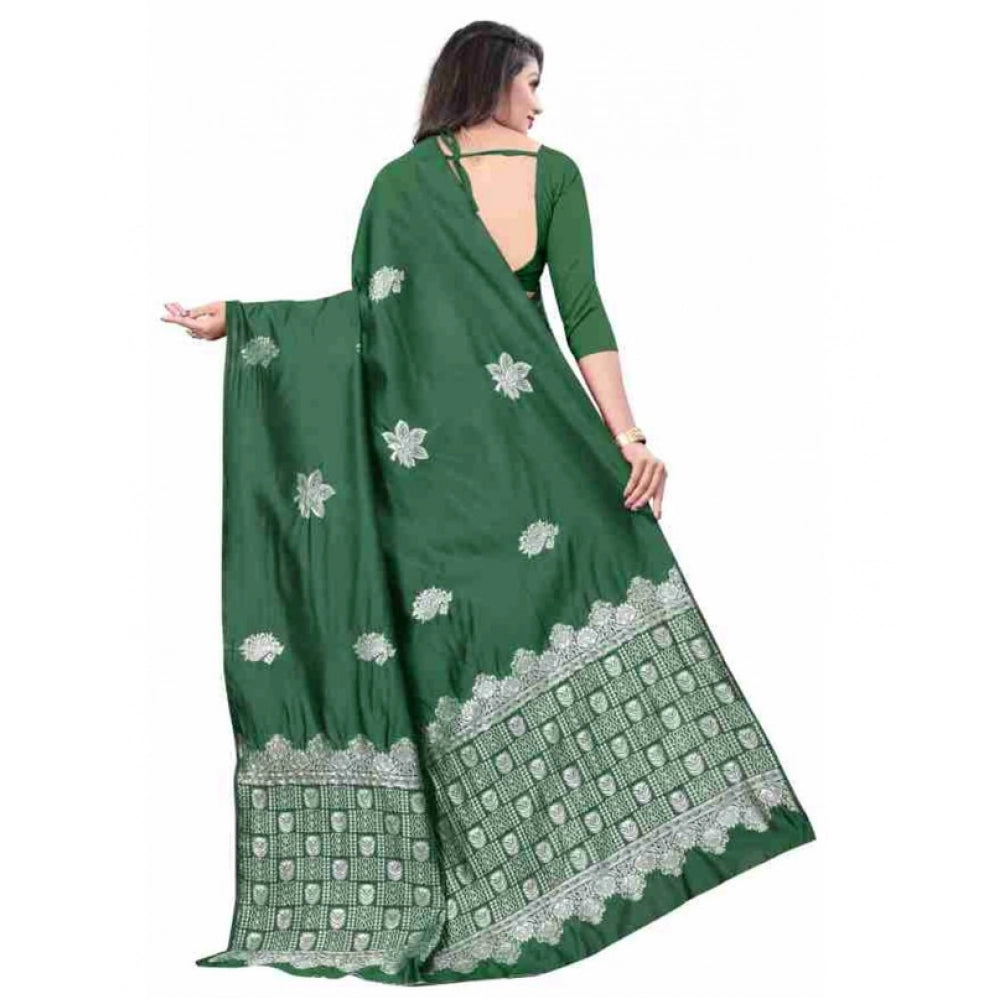 Green soft lichi silk printed saree with unstitched blouse, 5.5mtr length
