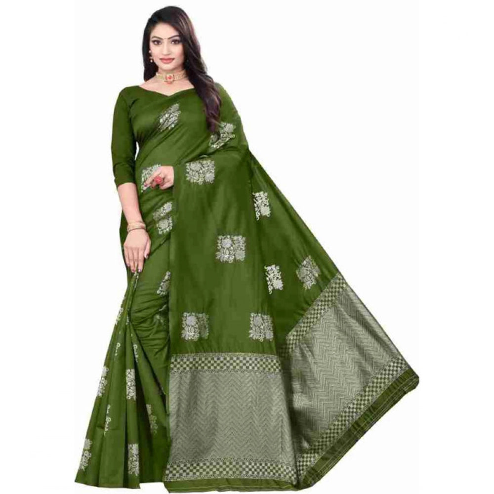 Green soft lichi silk printed saree with unstitched blouse, luxurious Indian women's wear