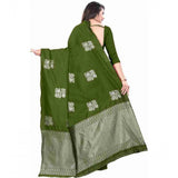 Green soft lichi silk printed saree with unstitched blouse, 5.5mtr length on mannequin