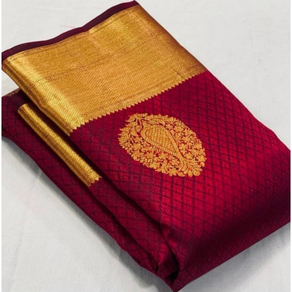 Maroon soft lichi silk printed saree with unstitched blouse, luxurious eastern wear for women