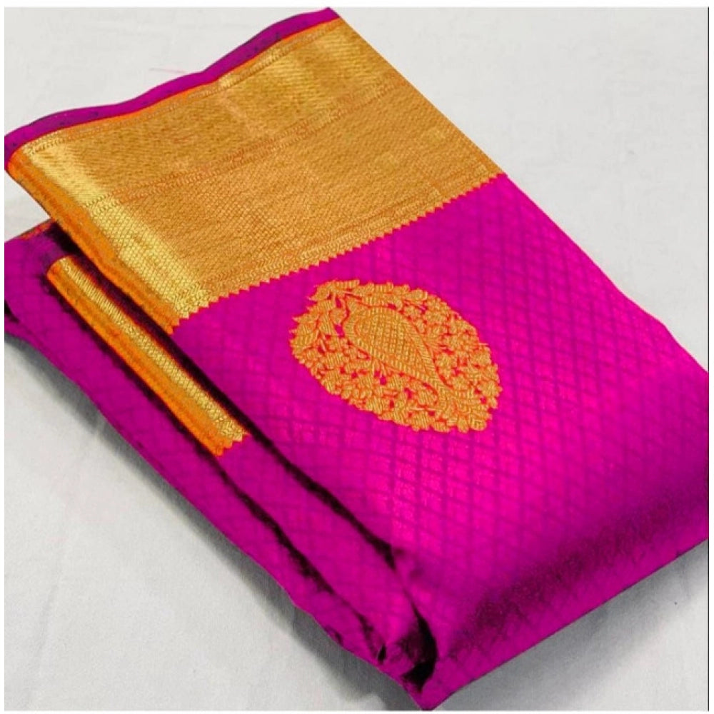 Pink soft lichi silk printed saree with unstitched blouse (5.5mtr)