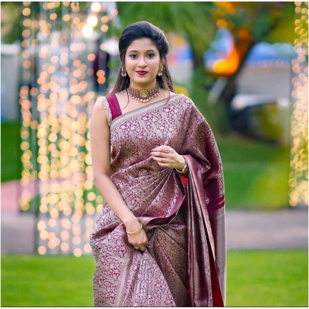 Soft wine lichi silk printed saree with unstitched blouse, luxurious Indian attire on mannequin