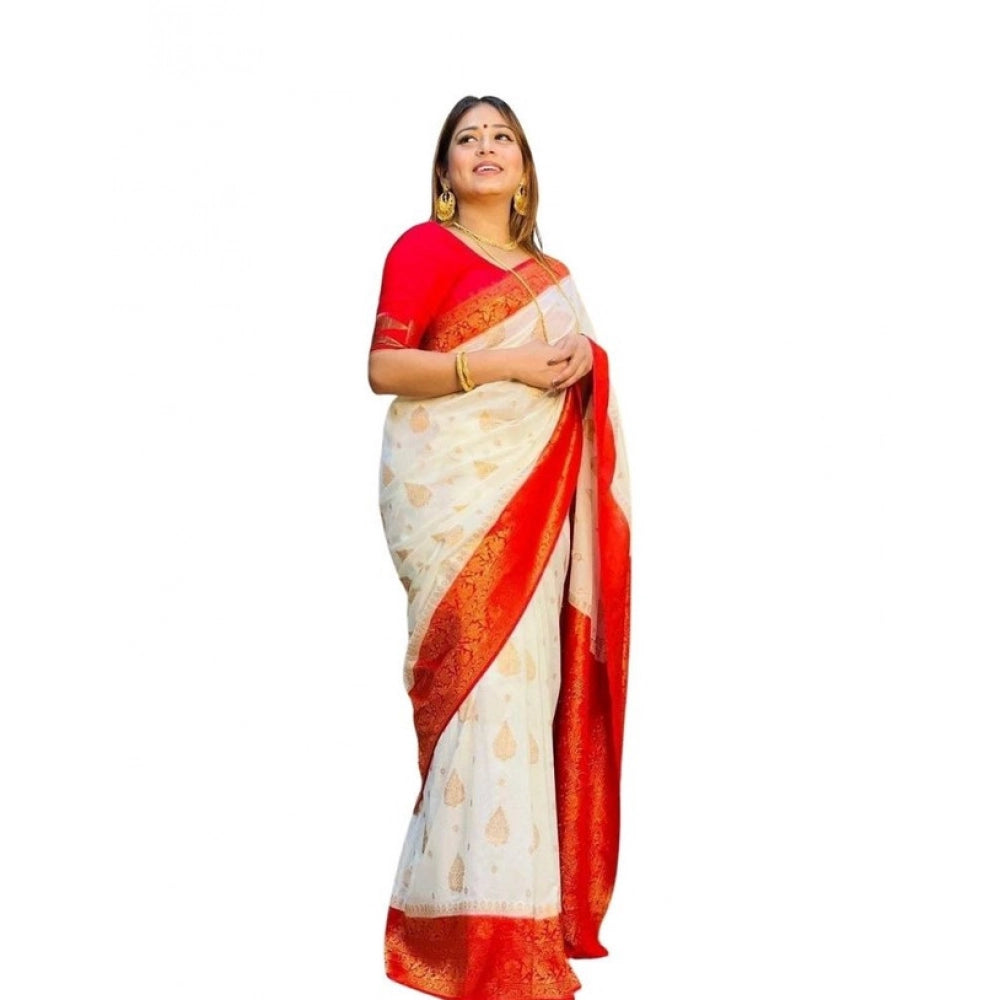 White soft lichi silk printed saree with unstitched blouse, luxurious Indian women's wear on mannequin