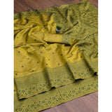 Green soft lichi silk printed saree with unstitched blouse, vibrant floral design for women's fashion