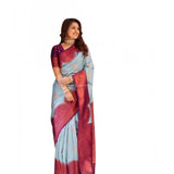 Light-blue soft lichi silk printed saree with unstitched blouse, elegant Indian women's wear on mannequin