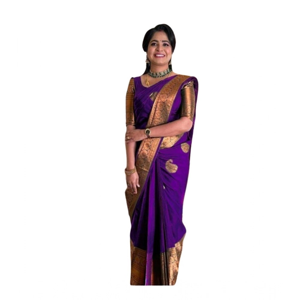 Purple soft lichi silk printed saree with unstitched blouse, vibrant floral design on a luxurious background