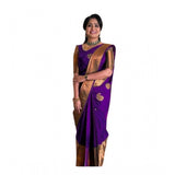 Purple soft lichi silk printed saree with unstitched blouse, vibrant floral design on a luxurious background