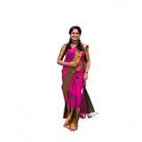 Pink soft lichi silk printed saree with unstitched blouse (5.5mtr), luxurious Indian wear on mannequin