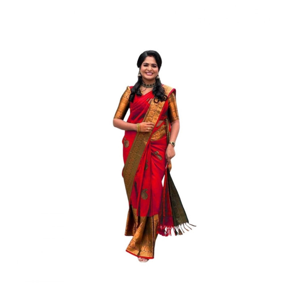 Red soft lichi silk printed saree with unstitched blouse, vibrant pattern showcased