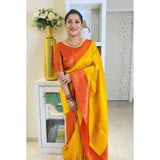 Soft mustard lichi silk printed saree with unstitched blouse (5.5mtr)