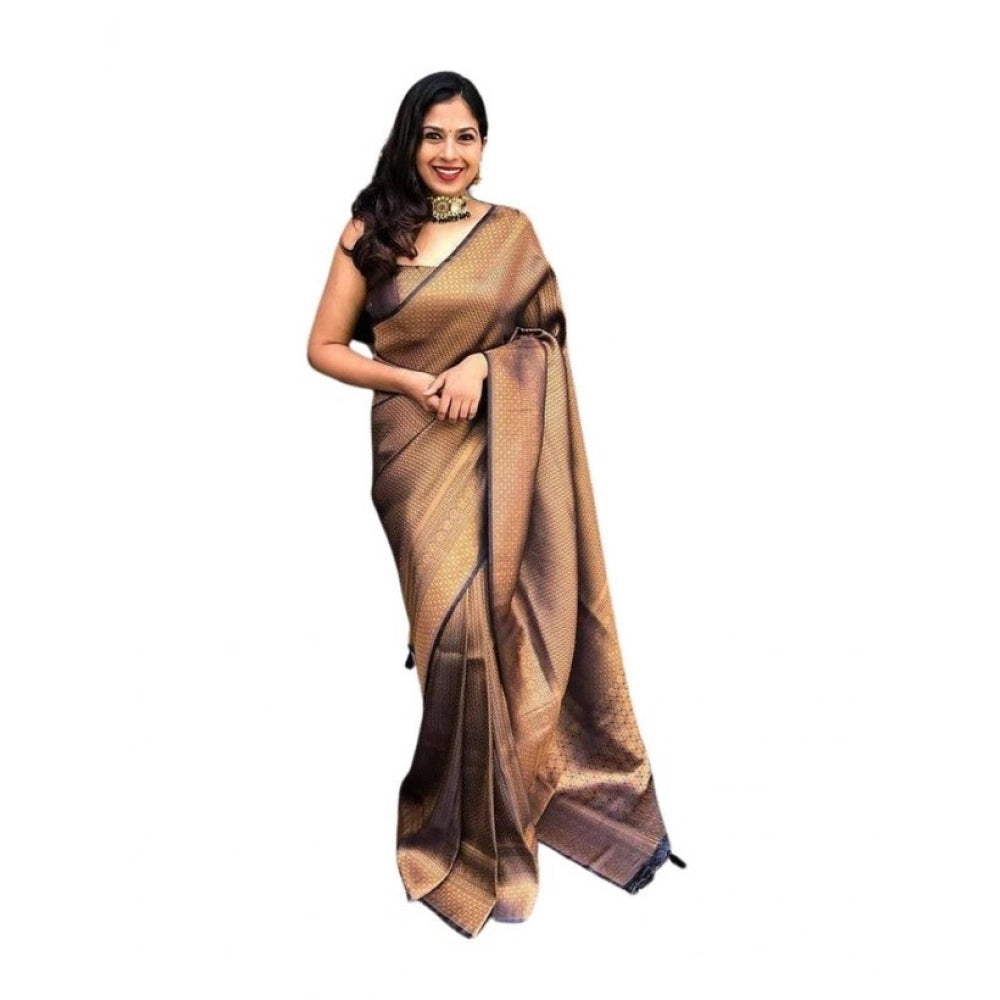 Black-gold soft lichi silk printed saree with unstitched blouse, elegant wear for women's fashion events