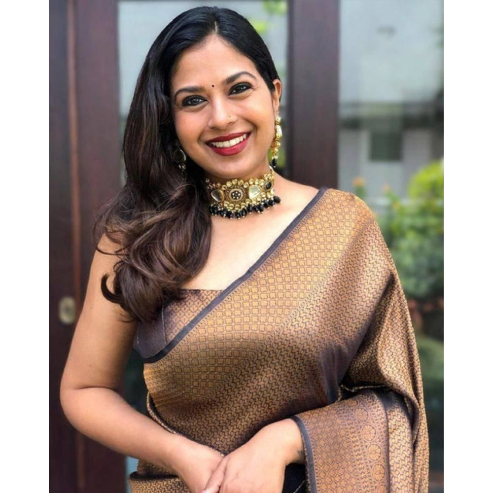 Black-Gold soft lichi silk printed saree with unstitched blouse, elegant and luxurious women's fashion accessory