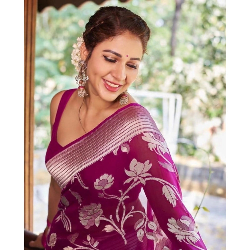 Purple soft lichi silk printed saree with unstitched blouse, vibrant design on a luxurious backdrop
