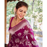 Purple soft lichi silk printed saree with unstitched blouse, vibrant design on a luxurious backdrop